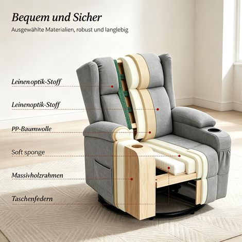 Fauteuil TV confortable, fauteuil de salon élégant, fauteuil inclinable avec dossier et repose-pieds réglables, canapé inclinable pivotant (uniquement avec 1 fauteuil de salon) (1/4)
