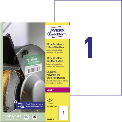 Avery-Zweckform B4775-50 Etiquette universelles 210 x 297 mm film de polyéthylène blanc 50 pc(s) fixation permanente im (1/4)