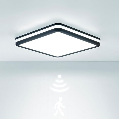 IP65 Imperméable Plafonnier LED avec Capteur de Mouvement, 18W 2700lm 150(Lm/W) Etanchard 3000K/4000K/6500K Idéal pour salle de bain, garage, escaliers, sous-sol, balcon 22x22cm Gris (1/5)