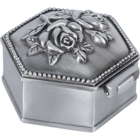 Boîte à bijoux en métal de style rétro européen, mini boîte de rangement hexagonale créative et exquise en forme de rose en relief 3D