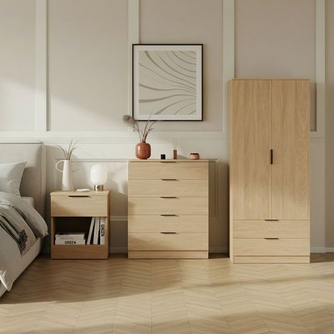 Trega 3pc Bedroom Furniture Set – 1 Drawer Bedside, 5 Drawer Chest & 2 Door Wardrobe, Pine (1/4)