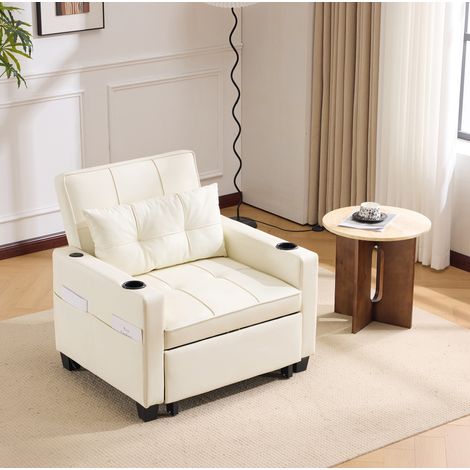 Canapé-lit escamotable 3 en 1 blanc avec porte-gobelets et poche latérale, gain de place,74x87x84 cm (1/5)