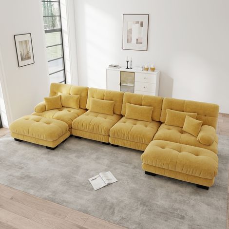 Canapé d'angle modulable 4 places, canapé panoramique U ou L, assise profonde avec 2 poufs mobiles pour salon - chenille - jaune