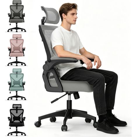 Chaise de bureau ergonomique, dossier, accoudoirs et appui-tête réglables, soutien dorsal renforcé, charge maximale de 150 kg, inclinaison à 120°, gris clair