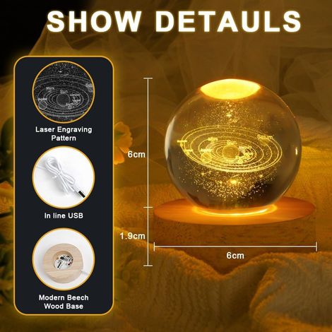 Veilleuse Boule de Cristal - Sphère Planète 3D avec Socle en Bois, Lampe de Table LED Système Solaire, Cadeau d'Anniversaire, Décoration Intérieure (1/4)
