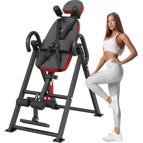 Table d'Inversion Charge 136 kg, Banc d'Inversion avec Appui-Tête, Machine d'Étirement du Dos par Décompression, avec Verrouillage de Cheville et Ceinture de Protection, Musculation, Rouge/Noir