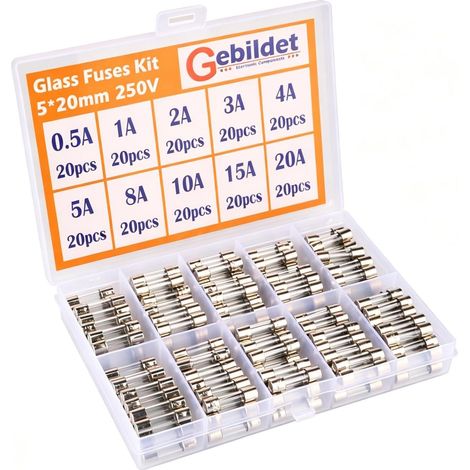 Set of 200 Glass Fuses 5 x 20 mm, Fast Blow Fuse Cartridge for Car, Fast Blow Fuses (AMP 0.5 A, 1 A, 2 A, 3 A, 4 A, 5 A, 8 A, 10 A, 15 A, 20 A) (1/5)