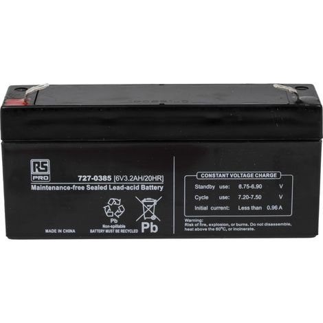 Rs Pro – Batterie au plomb étanche 6V 3.2Ah AGM – Applications cycliques – Terminaison Faston F1 – Dimensions 134 x 34 x 60mm
