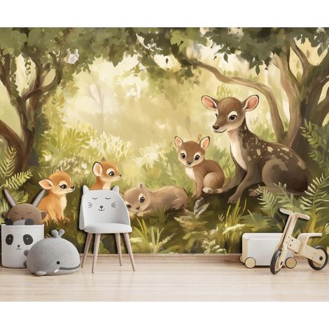 Vlies Fototapete Kinderzimmer 150x105 cm Wald Landschaft - Fototapeten Tapeten für Kinder Mädchen & Jungen - Kindertapete - Kinderzimmertapete Tiere Hirsch Grün, WallArena (1/4)