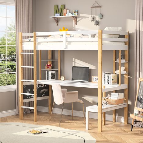 lit mezzanine 90x200, Lit adolescent en bois avec bureau, bois massif, Sommier à Lattes, Avec des étagères, Blanc+Naturel (1/5)