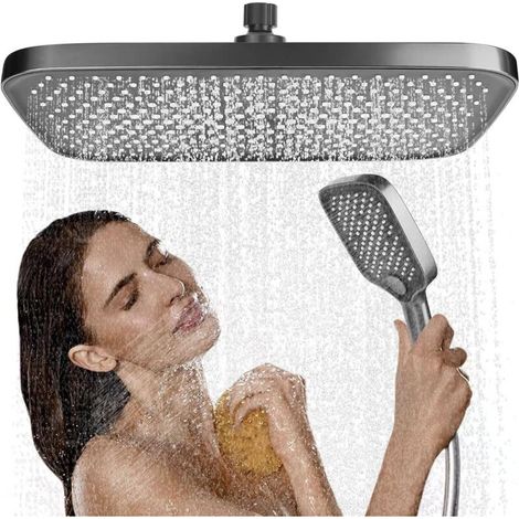 Pommeau de douche à effet pluie, 35,5 cm, tête de douche encastrable, réglable à 360°, économe en eau, autonettoyante, carré, chromé (1/5)
