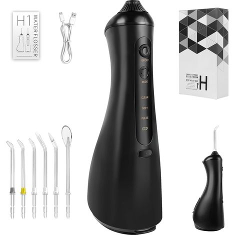 Dispositif de rinçage rechargeable, nettoyeur de dents électrique portable, capacité de 320 ml, 3 modes, équipé de 6 buses de rechange, adapté aux soins bucco-dentaires et au nettoyage. (1/5)