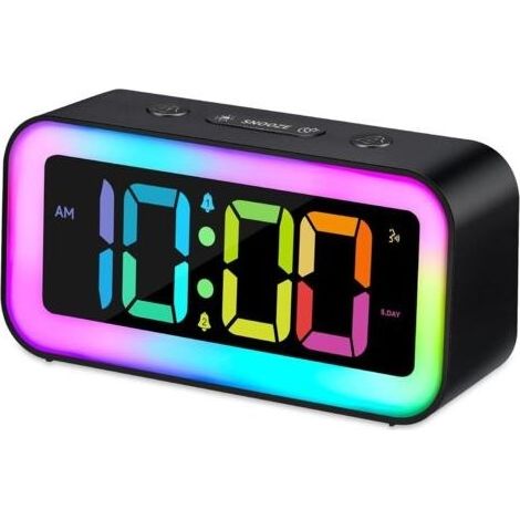 (Noir)Réveil Fort Pour les Chambres avec Veilleuse RVB, Les Adultes Lourds, Double Alarme, Variateur, Chargeur USB, Petite Horloge Numérique de Chevet avec Affichage LED pour les Adolescents (1/5)