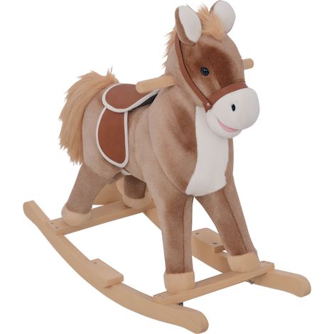 Cheval à Bascule Enfant – Selle Cowboy, Peluche Courte Douce, Bois Peuplier, 40 kg, Marron, 36+ Mois (1/5)
