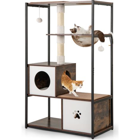 COSTWAY 131CM Tall Wooden Cat Tree w/2 Condos & Sisal Scratching Posts Coffee (1/5)