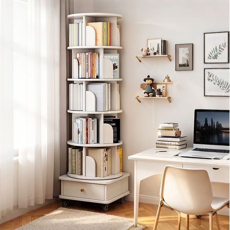 Librero giratorio 360°, con ruedas y cajón, para espacios pequeños, MDF blanco (1/5)