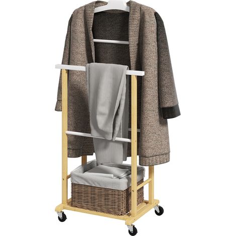Galán de Noche Bambú avec Ruedas Percha Barras Pantalones Balda Zapatos Natural Blanco