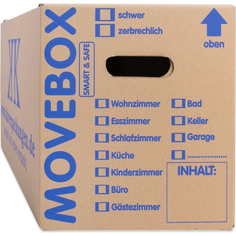 25 Umzugskartons Movebox Smart & Safe 2-wellig 25 kg belastbar Beschriftungsfeld Griffverstärkung (1/5)