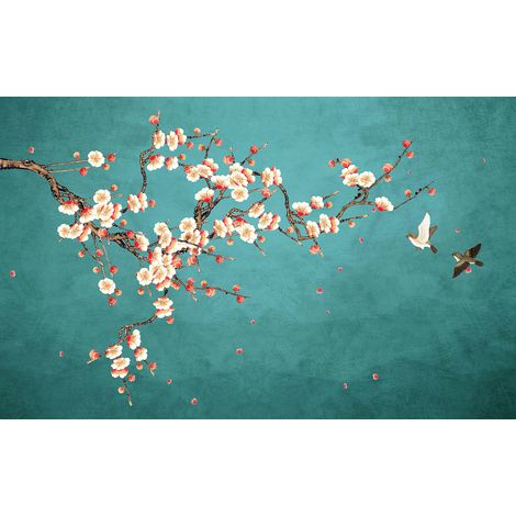 Papier peint panoramique - Fleurs Oiseaux - 130 cm x 81 cm (1/2)