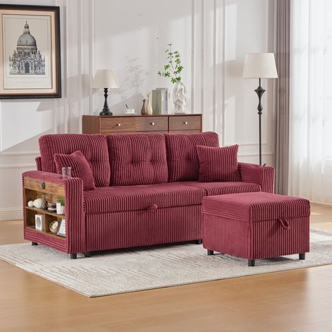 Sofá cama 196 cm de pana color vino con almacenaje, USB-C, LED y portavasos (1/5)
