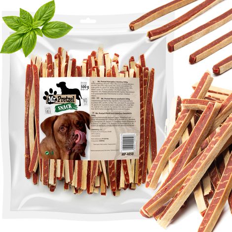 Friandise pour chiens : sandwich à la viande de cheval Mr. Pretzel 500 g (1/5)