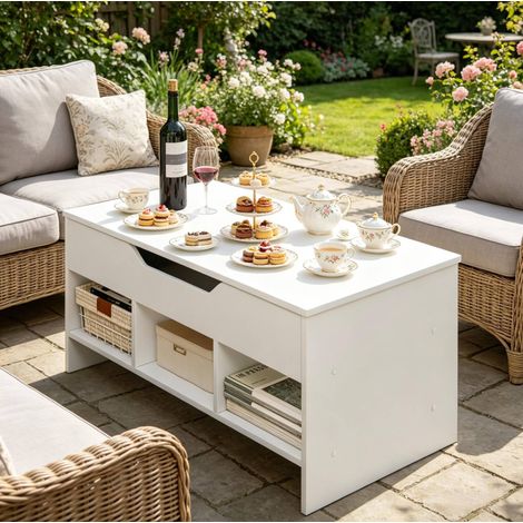 Mesa de centro elevable 96x45x51 cm, convertible en escritorio o mesa de comedor, almacenamiento, metal y madera, blanco (1/5)