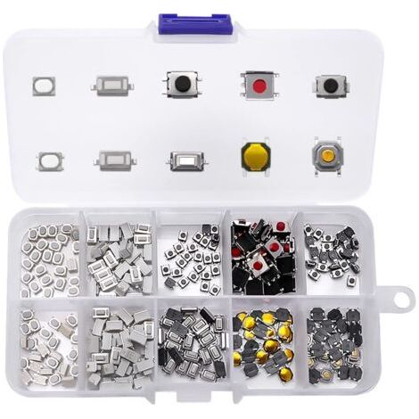 250 Pièces 10Value Boutons poussoirs tactiles Micro Momentary Tact Assortiment Kit, d'assortiment de Bouton Tactile, pour Clé de Télécommande de Voiture, avec Boîte en Plastique (1/5)
