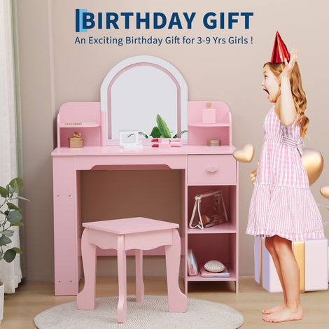 Prinzessinen Schminktisch aus Holz – Rosa – Mit LED-Spiegel (3 Lichtmodi), Hocker, Regalen & Schublade – Für Mädchen ab 3-9 Jahre – Für Kinderzimmer, Spielzimmer