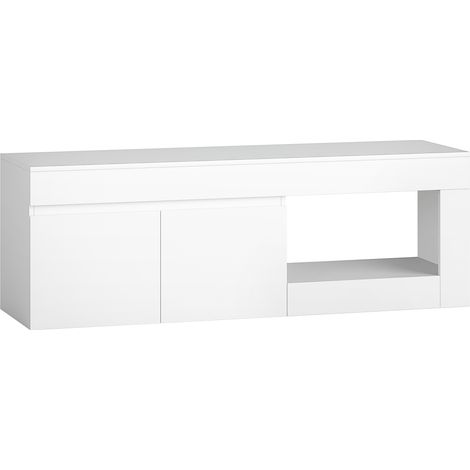 Meuble TV 2 portes, support télé jusqu'à 60 pouces, meuble blanc avec rangement, étagère ouverte et placard (1/5)