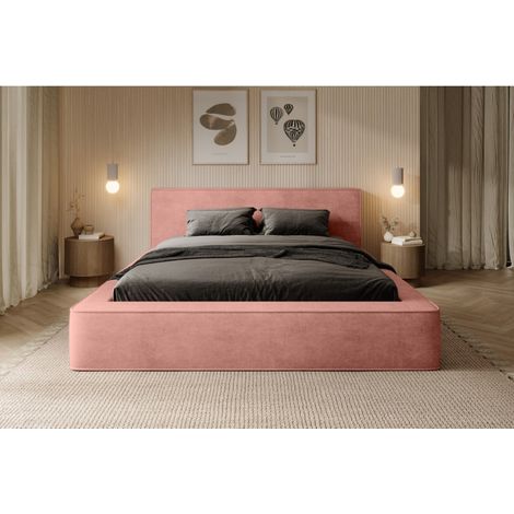 Lit coffre VELORA – Koralle – 180x200 cm – Weicher Samtstoff – Hublattenrost – Integrierter Stauraum