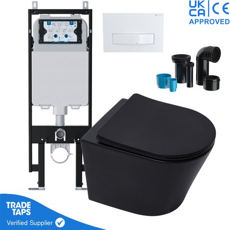 Black Wall Hung Toilet Pan Rimless with VIVA Slim Concealed Cistern Frame 1.14-1.35m & Square Gloss White Flush Plate (1/5)