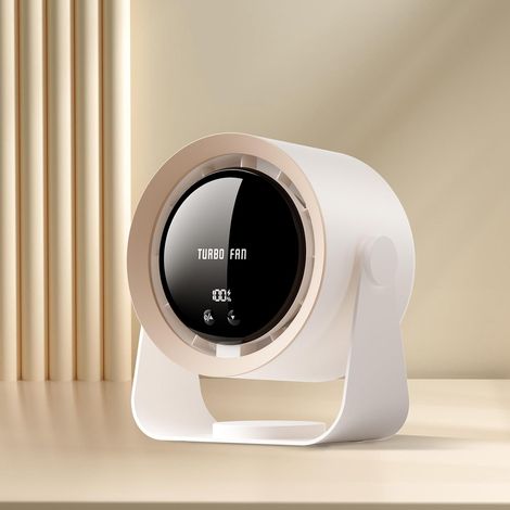 Ventilador de escritorio silencioso recargable por USB con batería de 5400 mAh y pantalla LED, velocidad ajustable, cabezal inclinable a 90°, adecuado para oficina, dormitorio, residencia estudiantil, (1/5)