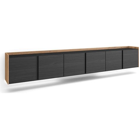 Mueble TV Alfarnatejo-02 de 309x50x35 cm suspendido, con luz LED, color negro y roble (1/4)