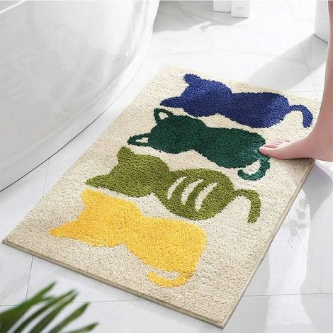50 x 80 cm, extra weiche, rutschfeste Mikrofaser-Badematte mit 4 Katzen, Badezimmerteppich, maschinenwaschbar, super saugfähige Teppichmatte, Khaki