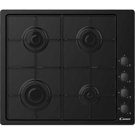 Candy – Table gaz 4 foyers 59.5cm avec hotte intégrée – Puissance 7000W – Sécurité gaz – CHW6LBB