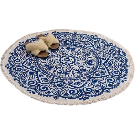 Tapis de chambre rond de style bohème avec pompons, lavable, tapis décoratif à motif mandala, tapis doux antidérapant. (1/5)