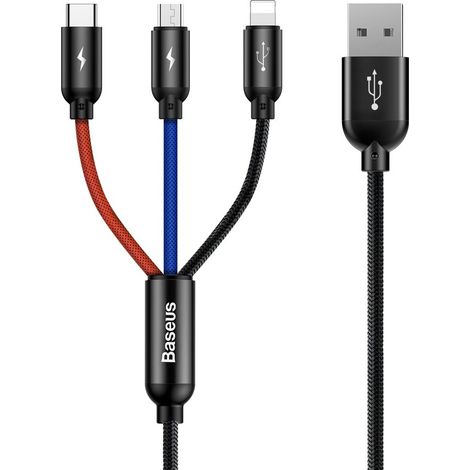 Cable negro duradero 3 en 1 USB microUSB iPhone Lightning USB-C 3.5A 1.2M (1/5)