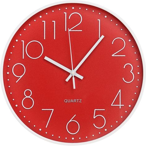 Horloge murale de 30 cm sans tic-tac, silencieuse, moderne, simple, rond, cadran stéréoscopique rouge, horloge murale à quartz pour maison/bureau/école/salon/chambre/cuisine (1/5)