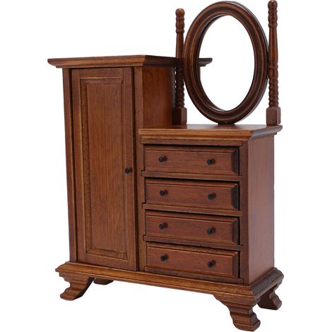 Coiffeuse miniature en bois à l'échelle 1:12 pour maison de poupée, avec miroir, porte ouvrante et 4 tiroirs. (1/5)