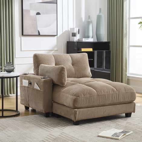 Poltrona chaise longue 140x112x81 cm kaki in velluto a coste con USB, portabicchieri e tasca laterale (1/5)