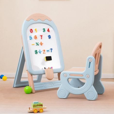 Chevalet D'art pour Enfants avec Chaise Réglable en Hauteur et Pliable avec Tableau Blanc et Boîte de Rangement Patins Antidérapants Bleu (1/2)