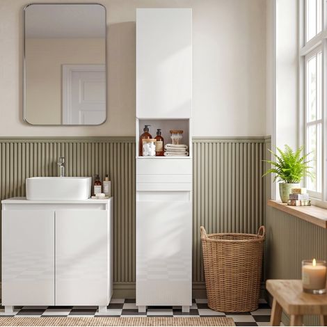 Meuble colonne de salle de bains étroit 30 x 30 x 170 cm, blanc brillant, avec étagères réglables, niche ouverte, tiroir et rangement fermé, idéal pour petits espaces – CHICFURN (1/5)