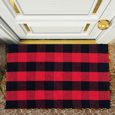 Tapis d'extérieur à Carreaux de Buffle 2x3 Pieds en Coton Lavable pour Porte d'entrée, Tapis à Carreaux Rouges et Noirs tissé à la Main pour Porche, Cuisine (1/5)