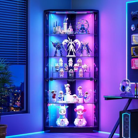 Eckvitrine mit LED Beleuchtung, Glastüren & Bewegungssensor, 175cm, 5-lagig, Schwarz (1/5)