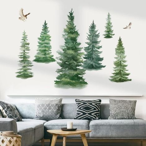Stickers Muraux Grand Arbre Vert Autocollant Mural Arbre Forêt Oiseaux Décoration Murale Chambre Enfants Salon Bureau(H:95cm) (1/4)