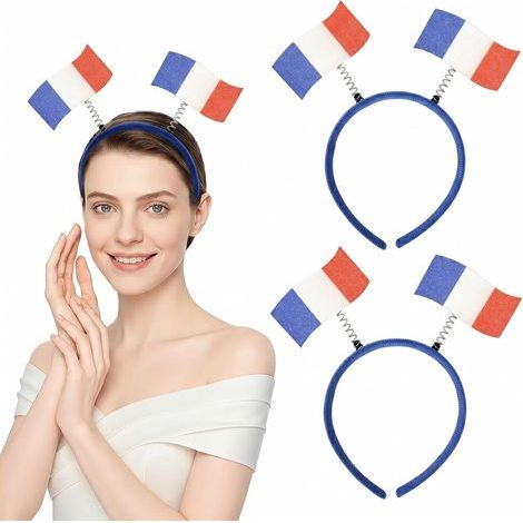 Lot de 2 Bandeaux Drapeau Français Bleu Blanc Rouge, accessoire supporter France pour matchs de football, serre-tête tricolore en PP flexible pour fêtes et animations (1/5)