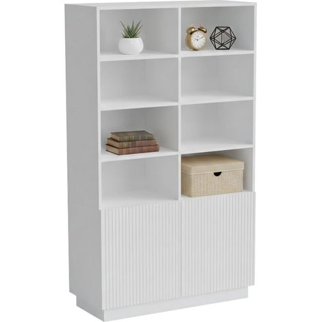 Libreria Miniato, Mobile portalibri con vani aperti e due ante, Design moderno e minimale, 172x40 h100 cm, Bianco