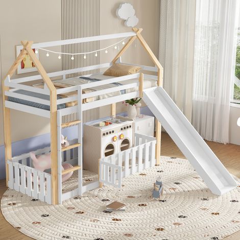 Lit superposé 90x200 cm avec toboggan et toit, en bois, blanc et naturel, sans matelas (1/5)