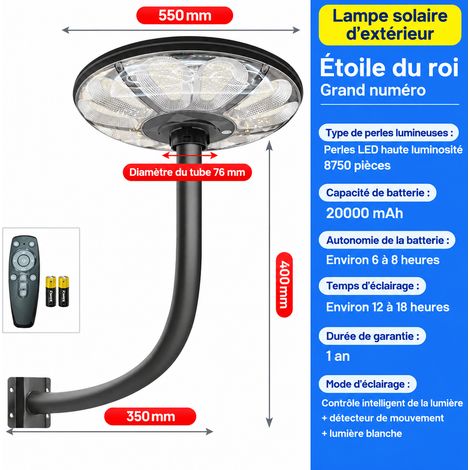 Lampe solaire modèle Uranus grand format avec bras courbé 24V 8 g – Luminaire paysager extérieur – Livraison gratuite