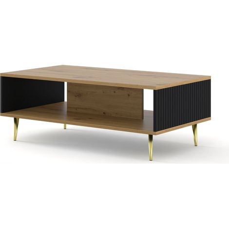 TAVOLINO DA CAFFÈ RAVENNA B IN MDF RIVESTITO IN FOGLIO 90x60x45 ROVERE ARTIGIANALE NERO OPACO GAMBE ORO